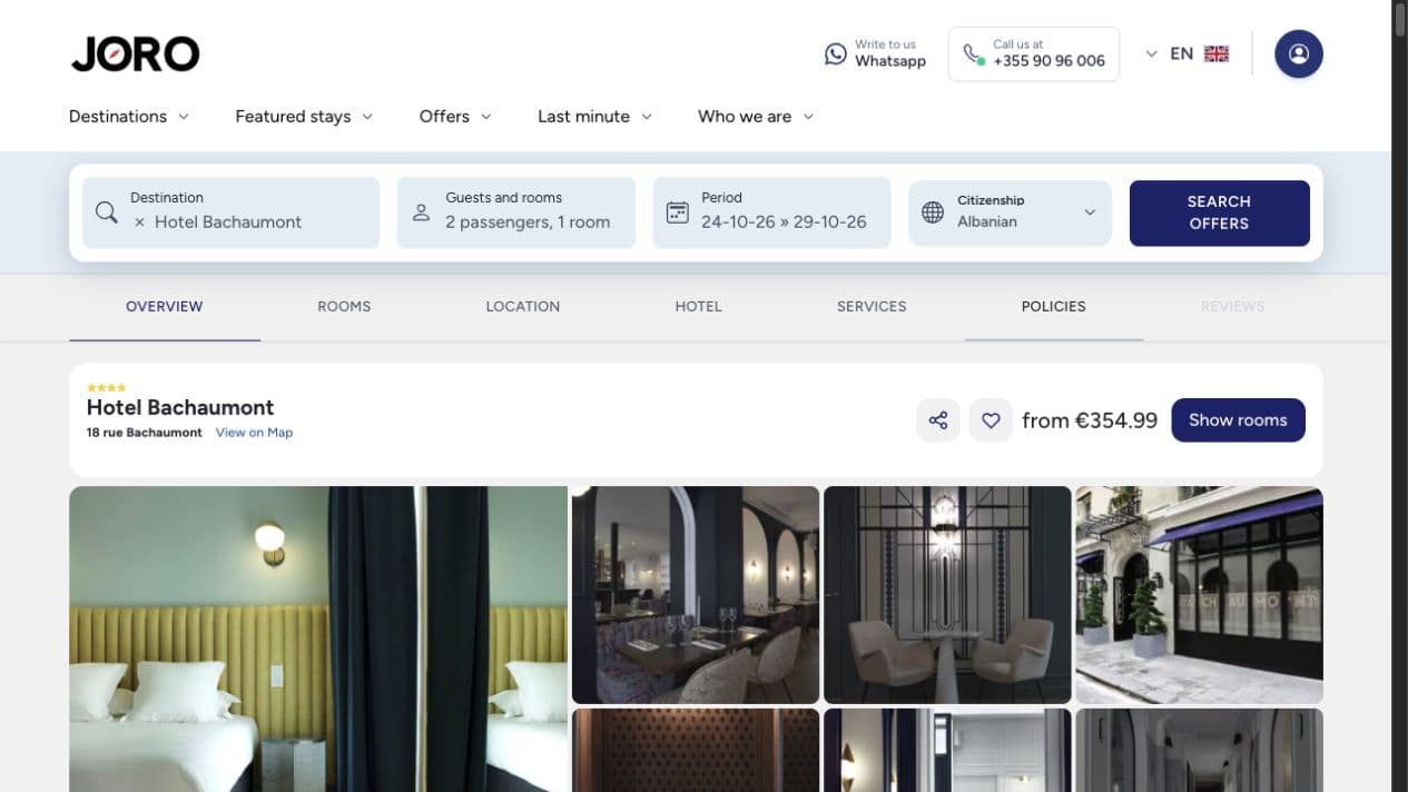 Galeria e Hotel Bachaumont në Joro Tour me datat e qëndrimit dhe navigimin drejt dhomave, vendndodhjes dhe shërbimeve