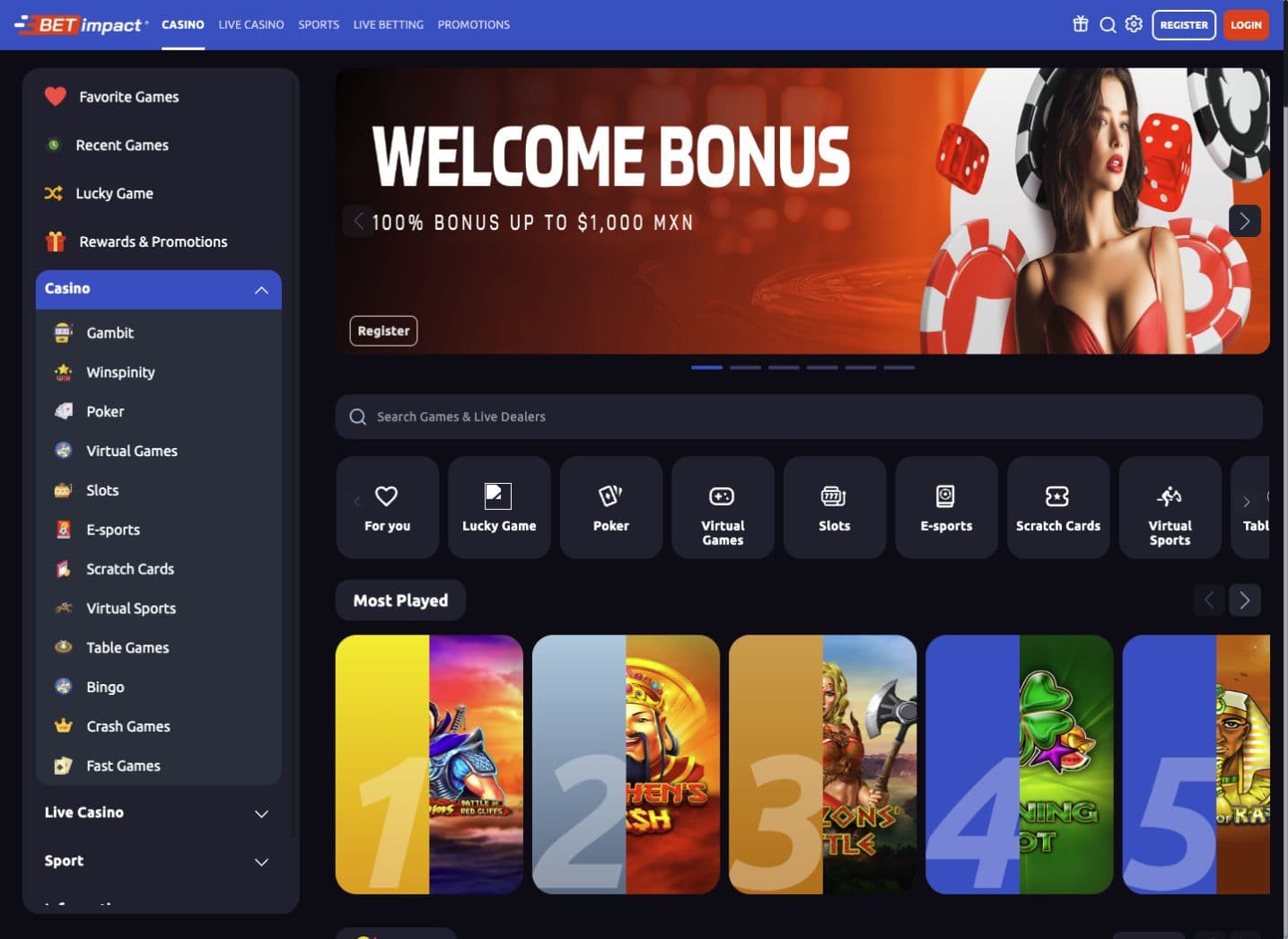 Betimpact Casino on desktop: navigation, search, categories and the games catalogue