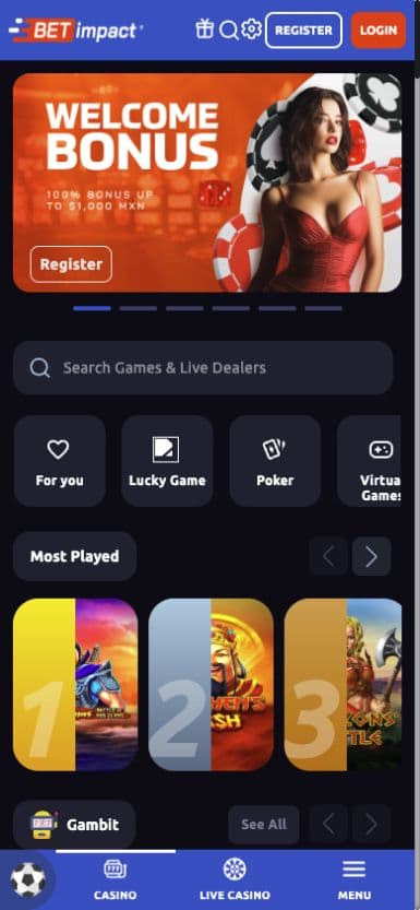 Betimpact Casino on mobile: search, catalogue and navigation at the bottom of the screen