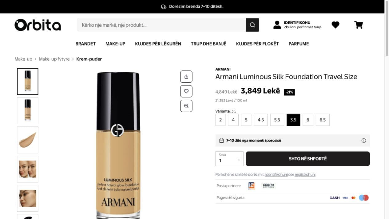 Faqja e produktit Armani në Orbita me galeri fotografish, variante ngjyrash, çmim dhe shtim në shportë